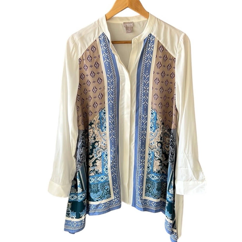 Chico’s 4-6 Women’s Scarf Print Asymmetrical Hem Tunic Top Button Down